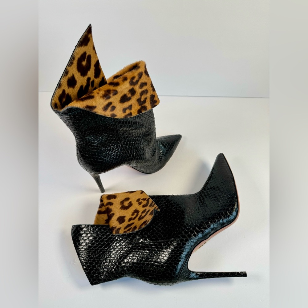 Aquazzura Black Snakeskin Pointed Toe Bootie with Leopard Print Cuff - Picture 7 of 12